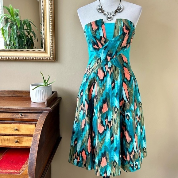 Anthropologie Girls From Savoy Teal Painted Ikat Strapless Dress Southwest Sz 4 - Picture 1 of 15